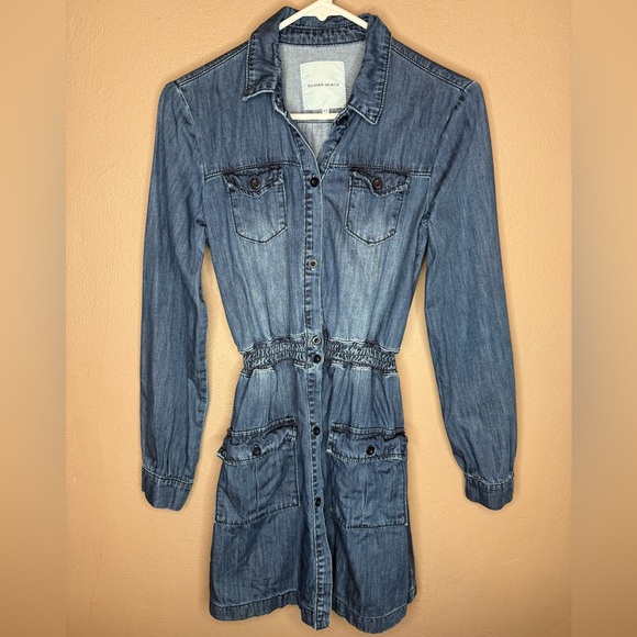 Silvian Heach Denim Cargo 100% Cotton Mini Dress Shirred Waist Button Up Size XS - Picture 5 of 16